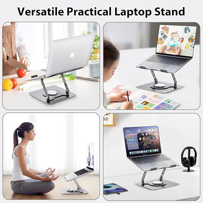 Laptop Stand, Adjustable Metal Computer Stand with 360° Rotating Base, Ergonomic Foldable Laptop Riser for Desk, Portable Laptop Stand Mount for All 10-16" Laptops and Notebooks, Space Gray