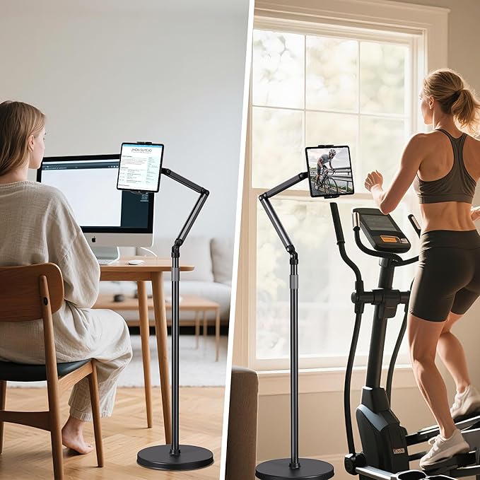 Tablet Stand for iPad Floor Phone Stand for Bed, Meeting, Vlogging, Compatible with Kindle, Galaxy Tab, Adjustable Height, Tablet Holder with Ultra-Long Extension Arm, 360° Swivel