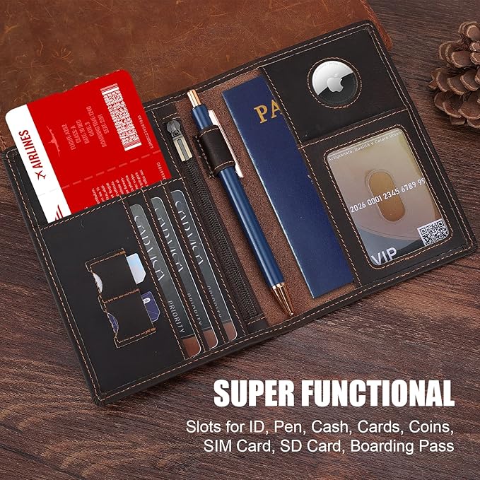STAR VISTA Phoenix Leather Passport Holder, Cowhide Leather Travel Wallet - RFID Blocking, ID Window, Zipper Pocket, Pen & Notebook Included, AirTag Holder, Dark Chocolate