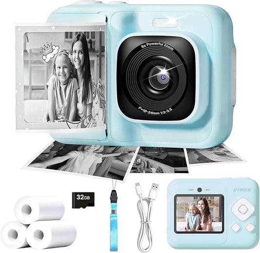 Kids Camera, 1080P Instant Digital Print Camera for Kids, Christmas Birthday Gifts for 4 5 6 7 8 9 10 Year Old Girls Boys, Portable Toy with 32GB SD Card & 3 Rolls Printing Paper, 1 Count, Blue