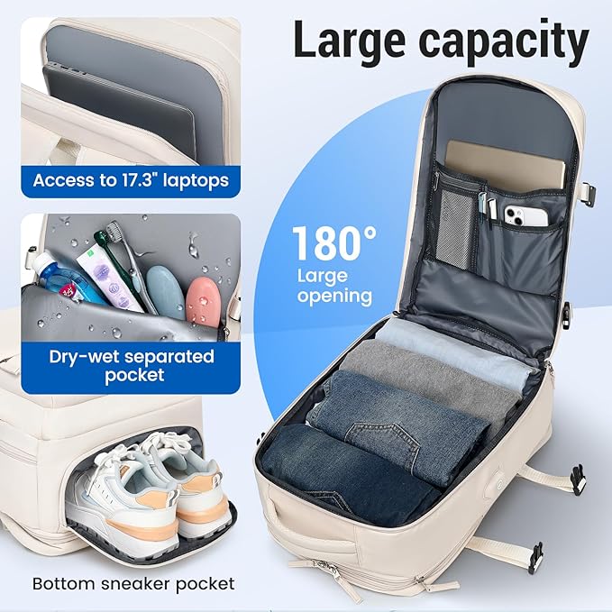 Travel Backpack Women Men, Carry On Backpack with USB Charging Port & Shoe Pouch,TSA 17.3inch Laptop Mochila Flight Approved,Nurse Bag Casual Daypack for Weekender Business Hiking,Gift (Beige)