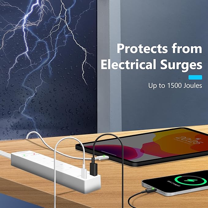 LIDER PD 36W Surge Protected Outlet Extender with 4-Outlet Power Strip, 1 USB Type-A, and 1 Type-C Port, 5ft, Up to 1500J, LED Indicator, ON/Off Switch, Flat-Plug, 45-Degree Angle, UL-Listed, White