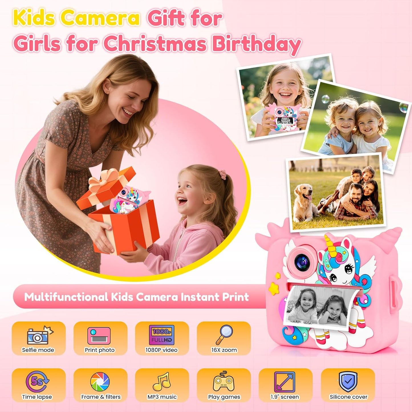 OTJ Kids Camera Instant Print - Selfie Children Digital Camera Toy That Print Photos Christmas Birthday Gifts for Ages 3-12, 4 5 6 7 8 9 10 Year Old Girls Toddler, Travel Portable Video Cameras