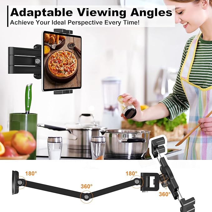 Tablet Wall Mount, Aluminum Sturdy iPad Wall Mount Holder for 7"-12.9" Tablets, 360° Swivel Arm, Easy Installation, Perfect for Classroom Gym Kitchen - Compatible w/iPad Pro Air Mini Samsung