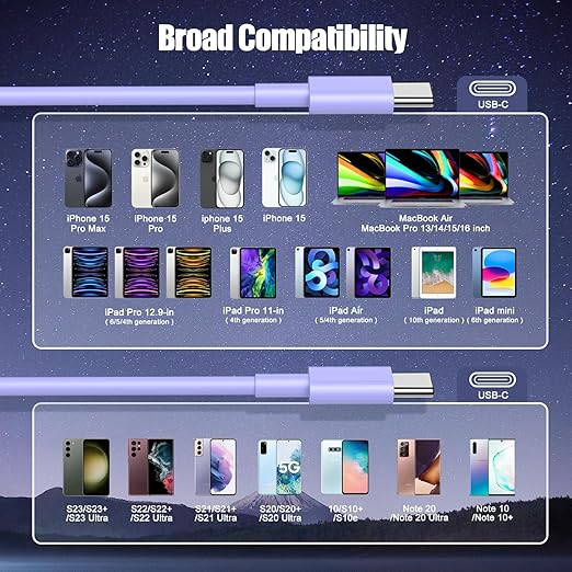 3-Pack Purple [3.3FT+6.6FT+10FT] 60W USB C to USB C Cable, Type C Fast Charging Cable for iPhone Air 17 16e 16 15 Pro Plus Pro Max，for Galaxy S25, for iPad Pro/Air/mini, for MacBook Pro/Air and More