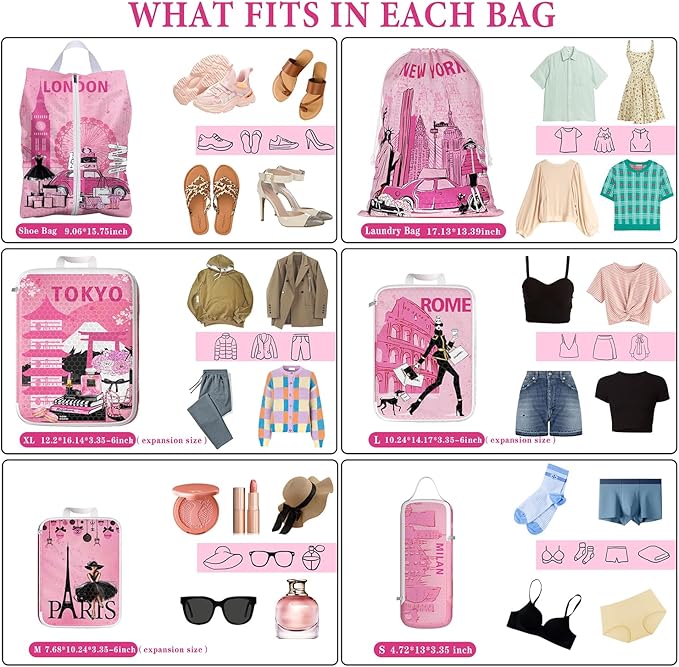 Compression Packing Cubes for Travel, 6 Set Pink Fashion Luxury Girly Luggage Organizers, Lightweight Waterproof Expandable/Compression Bags Smell Proof Travel Packing Cubes for Suitcases