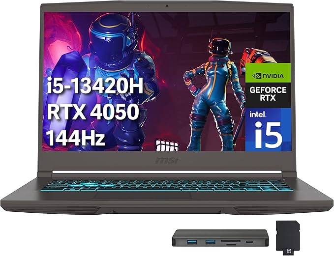 msi Thin 15 15.6" FHD 144Hz Gaming Laptop, Intel i5-13420H, NVIDIA GeForce RTX 4050, 64GB DDR4 RAM, 4TB PCIe SSD, Backlit Keyboard, Wi-Fi 6E, Webcam, Win 11 Pro, Gray, 256GB Docking Station Set