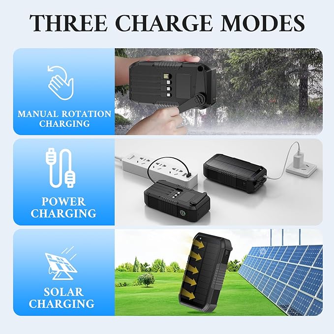 Solar Power Bank 66800mAh Built in Hand Crank and 4 Cables 22.5W Fast Charge,Camping Essentials/SOS/Strobe/Strong Flashlights,Compass Solar Portable Charger Power Bank (Black)