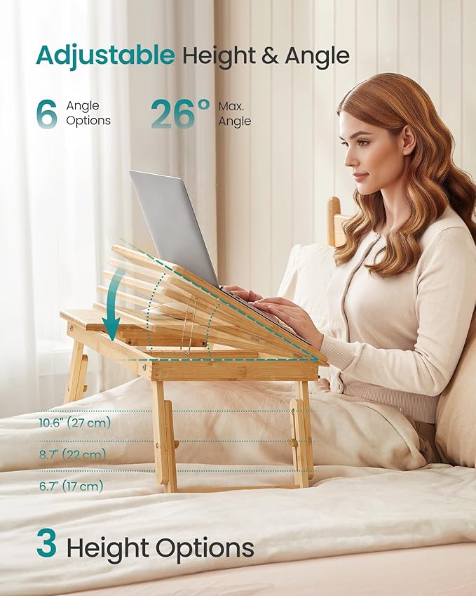SONGMICS Bed Laptop Desk, Folding Bed Tray for Laptop up to 15.6 Inches, Adjustable Angle and Height, Portable for Working Reading Writing Breakfast, Bamboo, Drawer, Light Bamboo ULLD01N