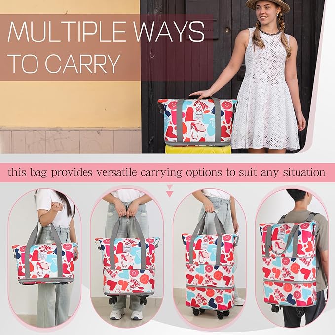 VOOWO Rolling Duffel Bag with Wheels - Foldable Expandable Duffle Bag with Wheels for Travel, Rolling Luggage Bag Wheeled Carry On Bag, Large Rolling Backpack Weekend Bags for Men Women (Love)