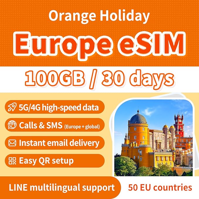 Orange Holiday Europe eSIM - 30 Days 100GB High-Speed Data, Unlimited Calls & SMS in 38 European Countries, Bonus 120 Min Global Calls + 1000 SMS, 5G/4G Hotspot, Instant Email Delivery(30 Day 100GB)