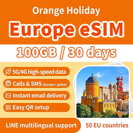 Orange Holiday Europe eSIM - 30 Days 100GB High-Speed Data, Unlimited Calls & SMS in 38 European Countries, Bonus 120 Min Global Calls + 1000 SMS, 5G/4G Hotspot, Instant Email Delivery(30 Day 100GB)