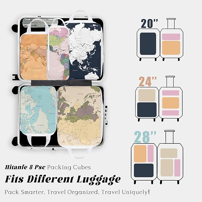 8 Pcs Compression Packing Cubes Travel for Suitcases, Waterproof Luggage Organizer Washable Storage Bags Set for Backpack Travel- Packaging Cubes for Carry-Ons and Storage