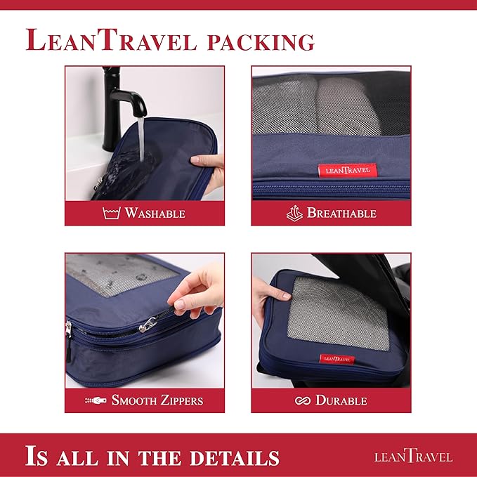LeanTravel Compression Packing Cubes for Travel Organizers with Double Zipper (3-Pack (2L+1M), Navy)