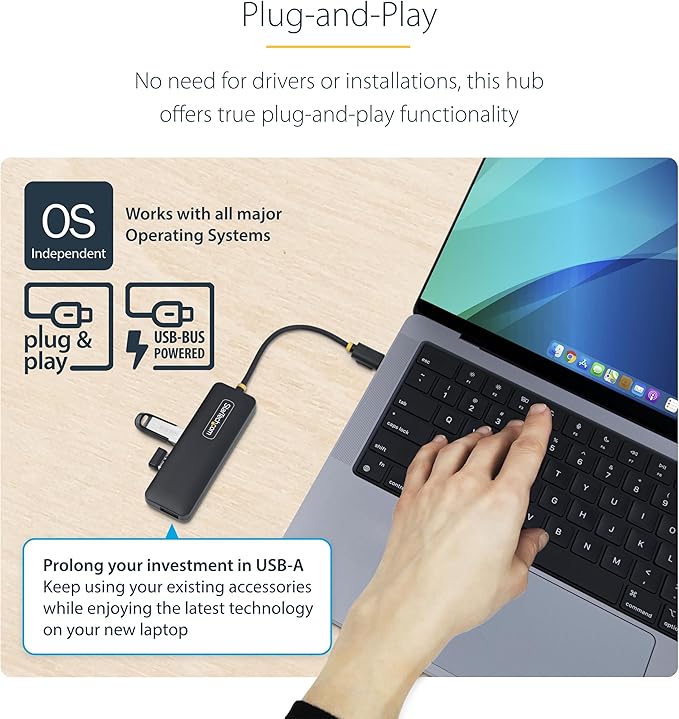 StarTech.com 4-Port USB-C Hub, USB 3.0 (5Gbps), USB-C to 4X USB-A, Bus Powered, Travel Mini Hub, Portable Multi-Port Splitter, Windows PC, MacBook, iMac, Chromebook, Surface and More