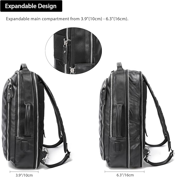 LANNSYNE Vegetable Tanned Leather Backpack for men, Expandable Leather Backpack Fits 15.6 Laptop, Tote Shoulder Travel Bag Rucksack