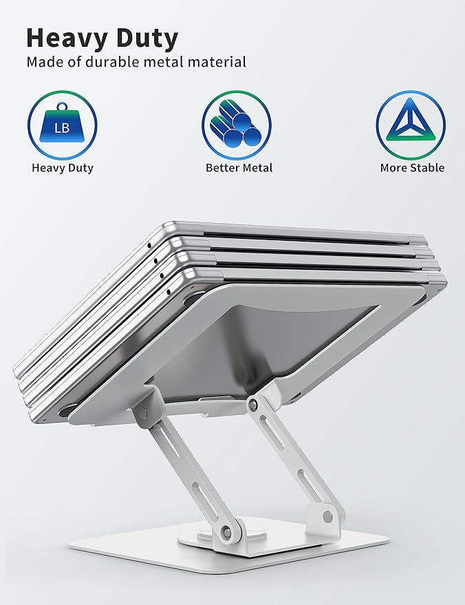 SOUNDANCE Laptop Stand with 360° Rotating Base, Ergonomic Computer Riser for Desk, Adjutable Height Muti-Angle, Foldable Laptop Mount, Stable Metal Holder Support 10-15.6" Notebook PC, White