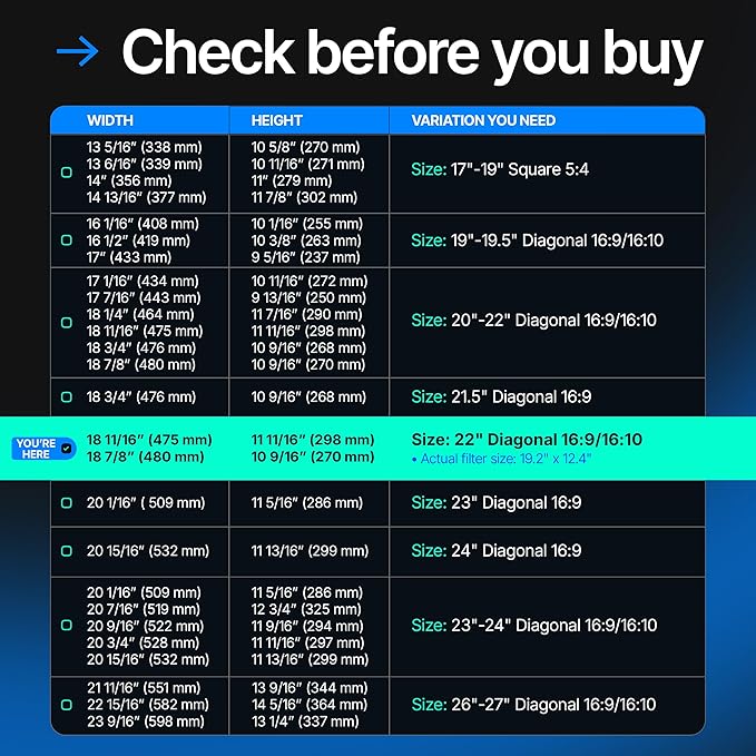 Acrylic 22 Inch Computer Privacy Screen Filter for Widescreen Computer Monitors - 19.3" x 12.5" (490 x 317mm) - Monitor Frame Hanging Type