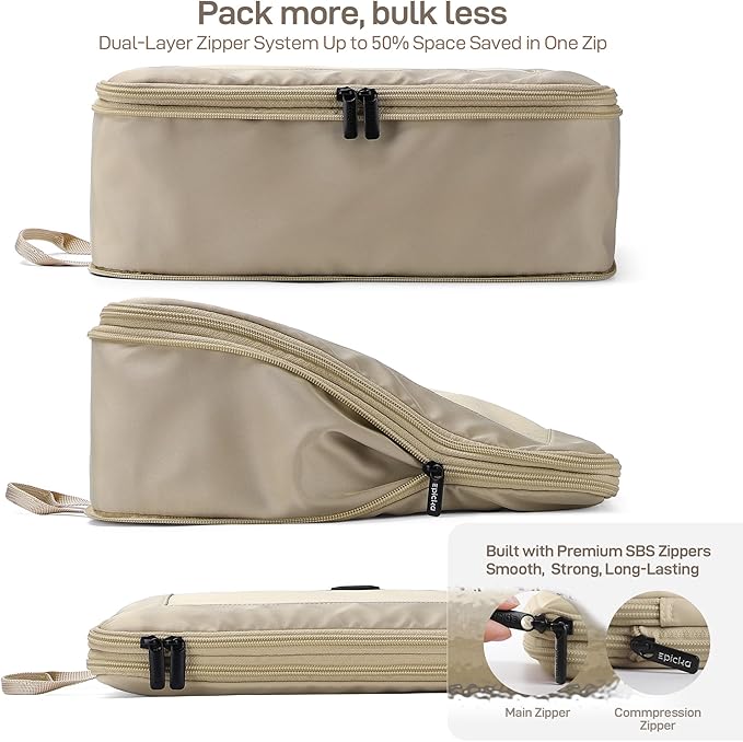 EPICKA TripCozy Compression Packing Cubes - 4 Set Durable Travel Organizer Bags with Mesh Top, Expandable Travel Accessories for Carry on, Luggage, Suitcase, Backpack (Khaki)