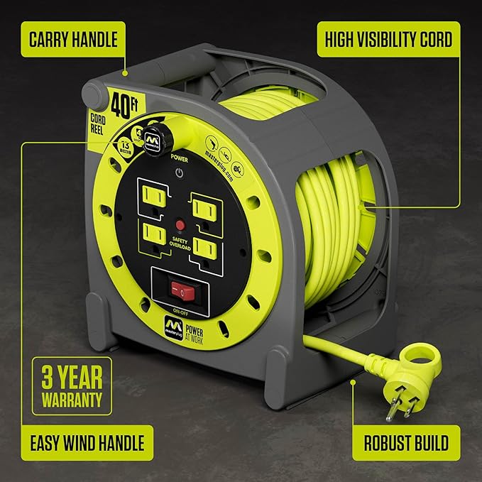 40ft Case Cord Reel, Retractable Extension Lead with Winding Handle, Safety Overload Circuit Breaker and Power Switch, 4X Grounded Outlets, 13amps, 14AWG Cable