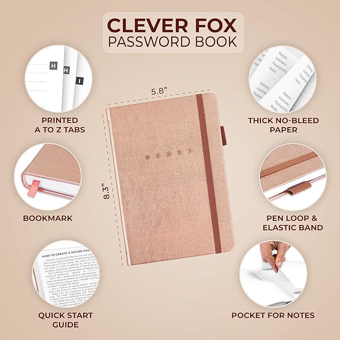 Clever Fox Password Book – Alphabetized Internet Address & Password Organizer – Computer & Website Password Keeper Notebook – Log-In Password Journal - Medium, A5, 8.3x5.8″, Hardcover (Rose Gold)