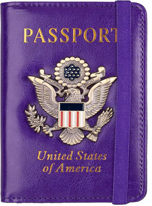 TOURSUIT RFID Blocking Passport Holder for Women Men, Leather Passport Travel Wallet with Metal 3D Metal Badge, Travel Document Holder Cover Accessories (Purple)