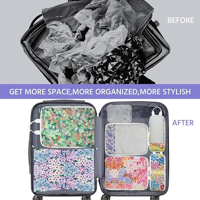 7 Pcs Compression Packing Cubes for Travel, Waterproof Suitcase Luggage Backpack Organizer with Toiletry Bag Travel Essentials for Women/Men-Flowers