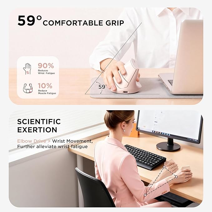 Uineer Ergonomic Wireless Mouse Pink,Bluetooth Vertical Mouse with BT5.0/4.0/2.4G, Rechargeable with Battery Indicator,Ergonomic Design for Comfort and Reduced Wrist Strain for Home,Office Use Pink