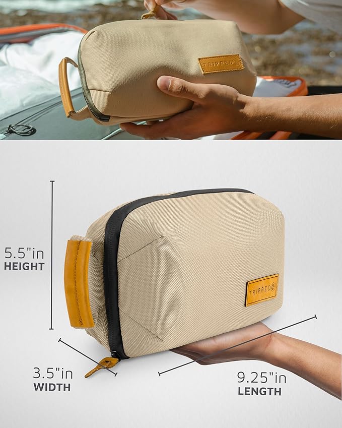 Tech Bag Organizer - Small Electronics Organizer Pouch for Travel - Premium Travel Case with Leather Accents - Mesh Pocket for Cables, Cords and Chargers (Tan)