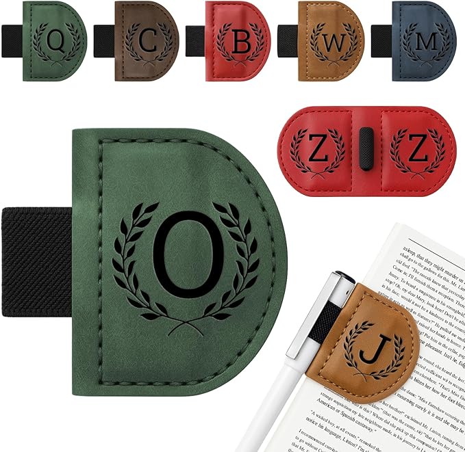 Personalized Bygone Mark Bookmark with Pen Holder,Engraving Leather Magnetic Bookmarks Vintage 26 Letters Name Initials Text Book Marker Clips Gifts for Reading Book Lovers Women (Green, O)