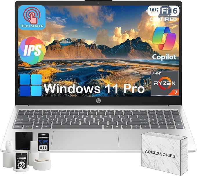 HP Flagship 15.6-inch Touchscreen Laptop Computer - AMD Ryzen 7 7730U • FHD Touch Anti Glare Display • for Business & Student • AI Copilot • WiFi 6 • HD Camera • Win 11 Pro (32GB RAM | 1TB SSD)