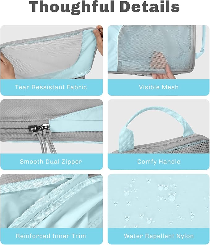 Hynes Eagle 6 Set/ 4 Set/ 2 Set Compression Packing Cubes Travel Essentials Lightweight Nylon Luggage Suitcase Organizer Bag Light Blue 2PCS