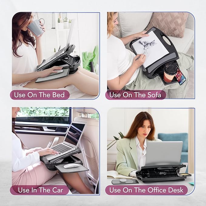 EHO Portable Lap Desk with Cushion, Detachable Mouse Pad Tray and Phone Holder, Adjustable Laptop Stand with 5 Angles, for Home, Office, Sofa, Bed