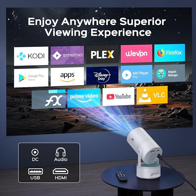 [Built-in Battery] Mini Projector with Wifi and Bluetooth, Rechargeable Portable Outdoor Smart Projector with Support 4K Decoding, Electric Focus Home Theater for Phone, White