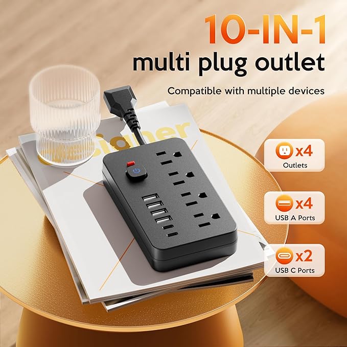 Power Strip Surge Protector Extension Cord - Chiefway 4 AC Outlets, 6 USB Ports (2 USB C) Short Cord Outlet Extender, with One-Touch Switch, Wall Mountable for Home Office Travel Dorm, Black