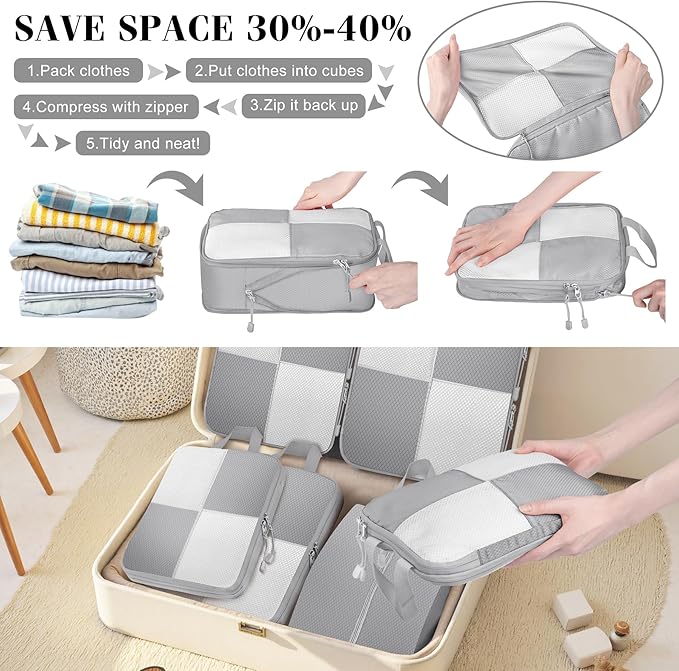 8 Set Compression Packing Cubes for Travel, Expandable Waterproof Travel Organizer, Lightweight Luggage Organizer with Shoes & Laundry Bags, Travel Accessories for Men Women, Grey