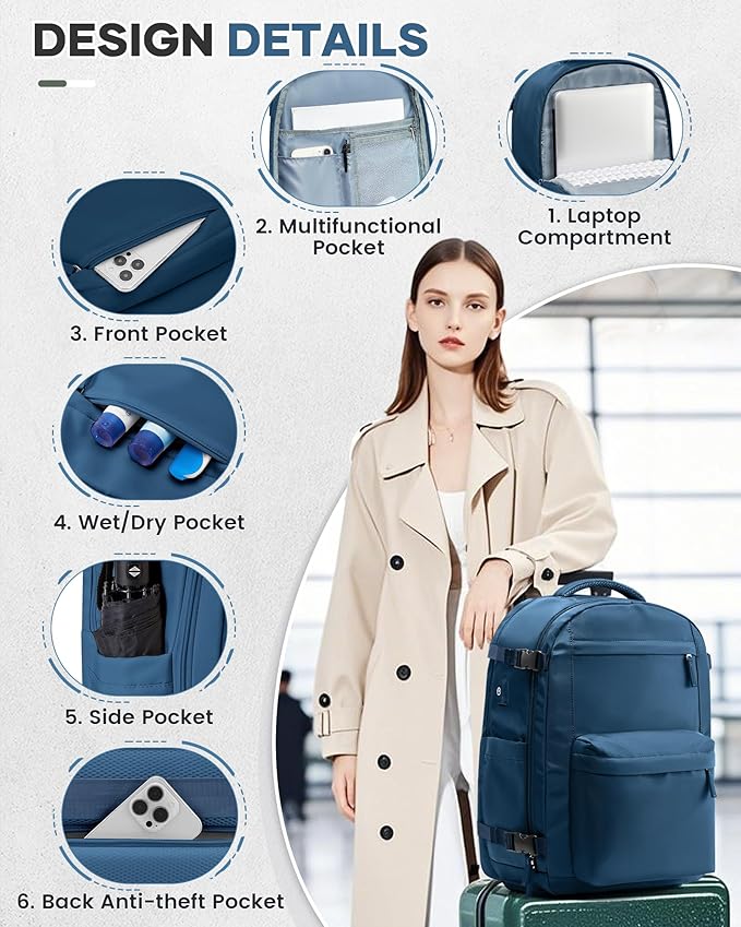 Vacuum Travel Backpack with Pump for Women,Personal Item Carry on Backpacks Flight Approved 18x14x8 inches for Men,Laptop Waterproof Work Compression bags Casual Daypack. Blue.