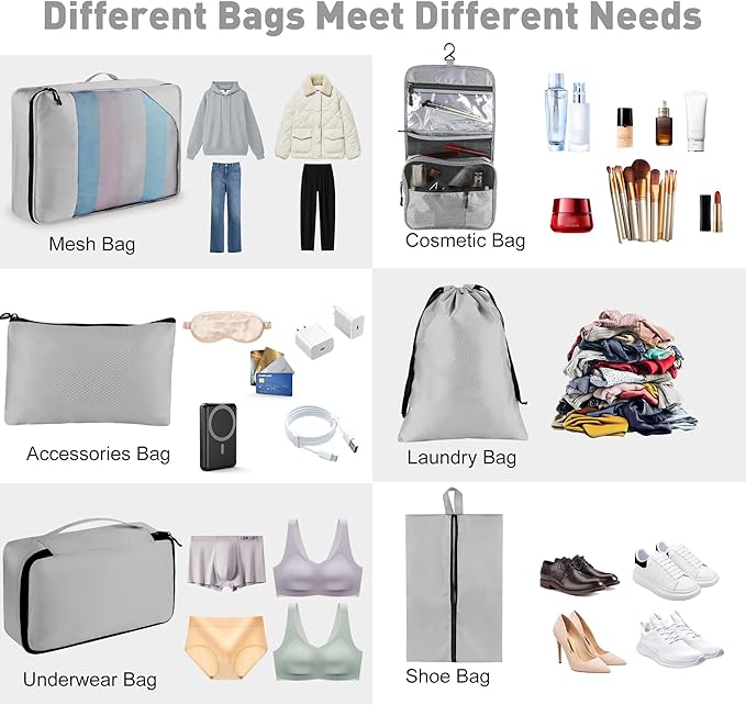 8-Piece Packing Cubes for Travel, Mesh Luggage Organizers with Shoe Bag, Toiletry Bag, Laundry Pouches, 4 Sizes (XL/L/M/S) for Suitcase Organization, Men Women Kids, Gray