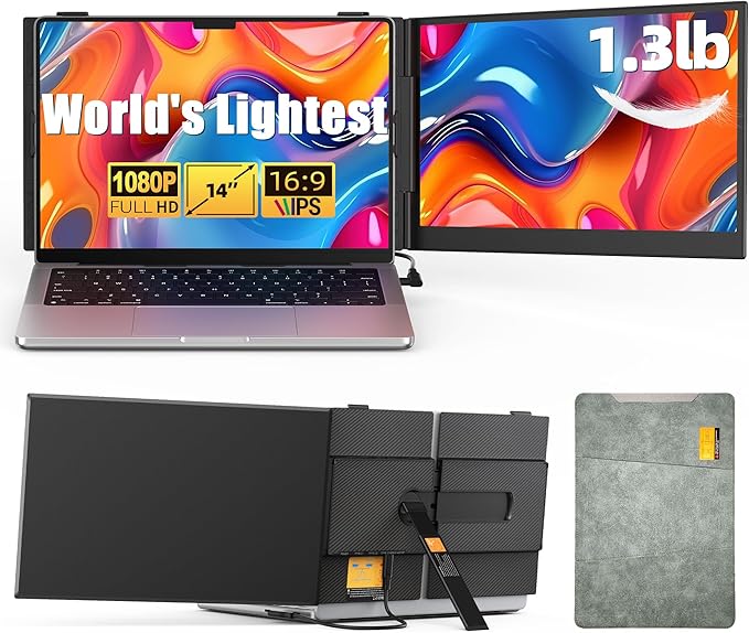 14" Dual Laptop Screen Extender with 1.3lbs - Ultra Thin Portable Monitor for Laptop Plug & Play, FHD 1080P Laptops Extended Monitor for 13"-17" Laptops, USB-C/HDMI Travel Display for Mac/Win