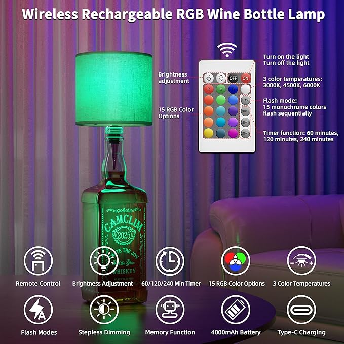 Wireless Wine Bottle Lamp Shade: Liquor Bottle Stopper Light with Remote Control Dimmable Cordless Portable Rechargeable Led Battery Operated Whiskey Bottle Lampshade for Bedside Bedroom Bar Decor