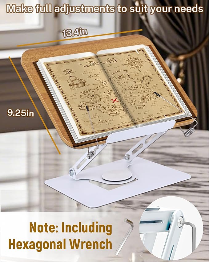 ASIEIT Book Stand for Reading, Adjustable Book Holder with 360° Rotating Base & Elastic Page Clips, Foldable Cookbook Stand, Portable Display Stand for Bible, Recipe, Magazine, Tablet, Laptop, Natural