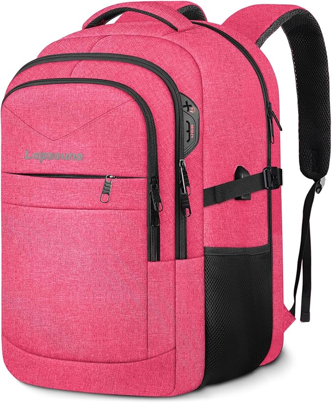 Lapsouno Travel Laptop Backpack, 15.6 Inch Travel Laptop Backpack, Water Resistant Casual Hiking Daypack, Computer Bag with USB Port, College School Business Backpack for Women, Pink