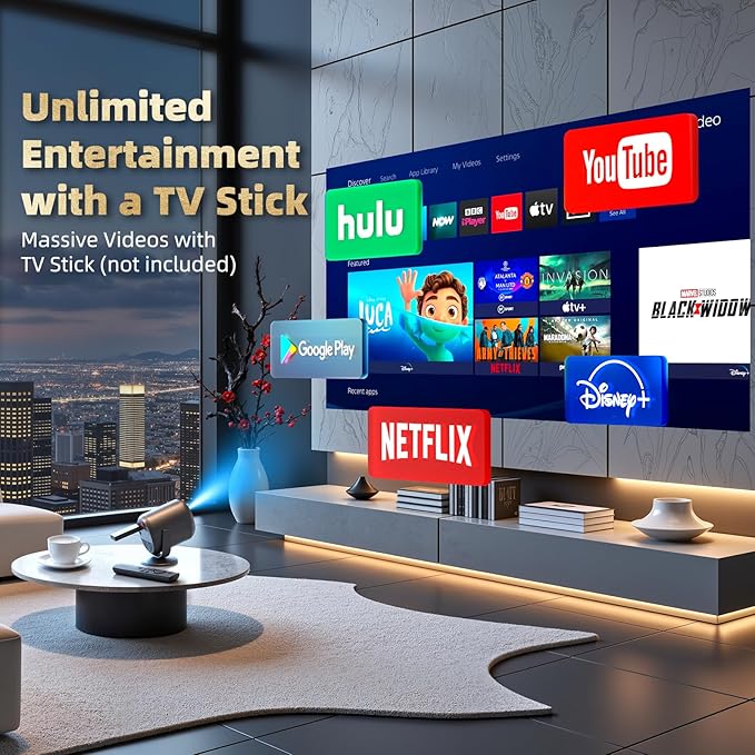 KSAN Projector with Stand, [Electric Focus] 1080P WiFi Projector with Bluetooth, Portable Movie Projector for Indoor Outdoor Use, HDMI/USB/Type C/3.5mm AV for IOS/Android/Windows/TV Stick/PS5