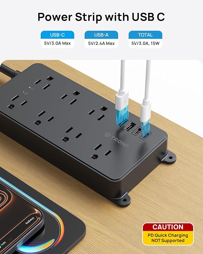TROND Power Strip Surge Protector, 7 Widely-Spaced Outlets, 2 USB-A & 2 USB-C, ETL Listed, Flat Plug 5ft Extension Cord, Wall Mountable, 1700J, 14AWG Heavy Duty, for Home Office Garage, Black