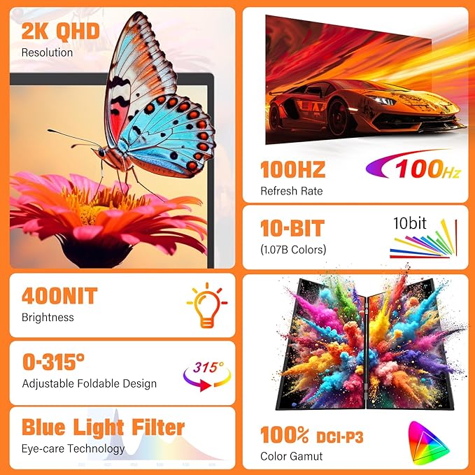 InnoView 18" 2K 100Hz Dual Portable Monitor 100% DCI-P3 Dual Monitor 315°Adjustable Screen Extender for Windows Mac Laptop with Speakers Type-C HDMI DP Foldable 2560x1600 Monitors (No Driver Needed)