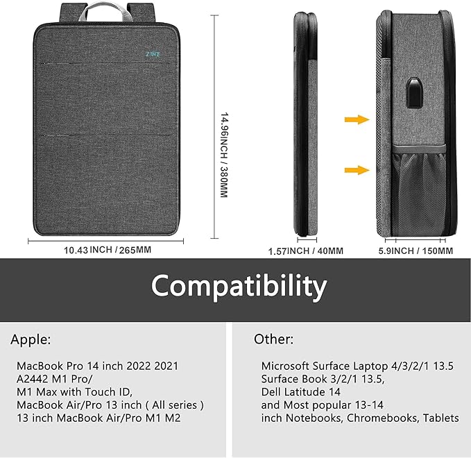 ZINZ Slim & Expandable Laptop Backpack Water Resistant Travel Backpack Compatible with MacBook Air/Pro 13-14 inch XPS 13 Surface 13.5" and Most 13-14 inch NoteBooks,G01BK01