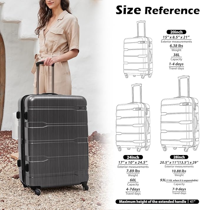 Coolife Luggage Expandable 3 Piece Sets PC+ABS Spinner Suitcase 20 inch 24 inch 28 inch (Charcoal., 3 piece set)