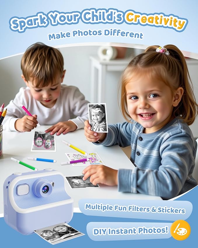 Instant Camera, Front Rear Dual Selfie Kids Camera with 1080P Videos, Holiday Birthday Gifts for Kids Age 3-12, Toddler Portable Travel Print Digital Camera Toy for 4 5 6 7 8 9 Year Boys Girls
