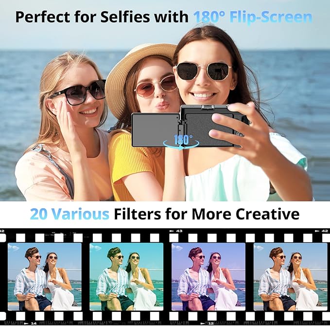 4K Digital Camera for Photography and Video, Autofocus 48MP Vlogging Camera for YouTube with 3'' 180°Flip Screen 16X Zoom Compact Travel Cameras with SD Card, 2 Batteries, Anti-Shake, Flash (Black)