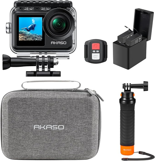 AKASO Brave 7 LE 4K30FPS 20MP WiFi Action Camera with Touch Screen EIS 2.0 Zoom Remote Control 131ft Waterproof Underwater Camera with Waterproof Floating Hand Grip and Carrying Case Bundle